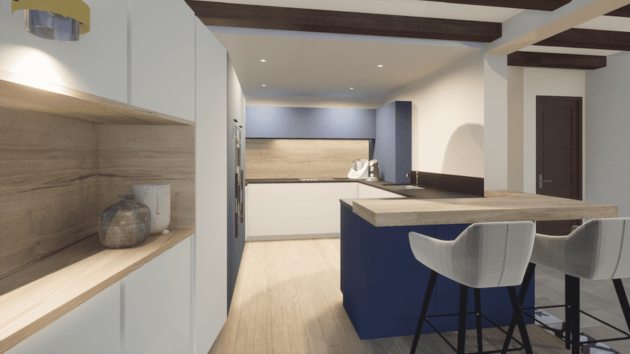 Cuisine moderne dans les tons bleus, blancs et bois. Il y a des poutres au plafond. Un espace bar a été créé pour ouvrir la cuisine.