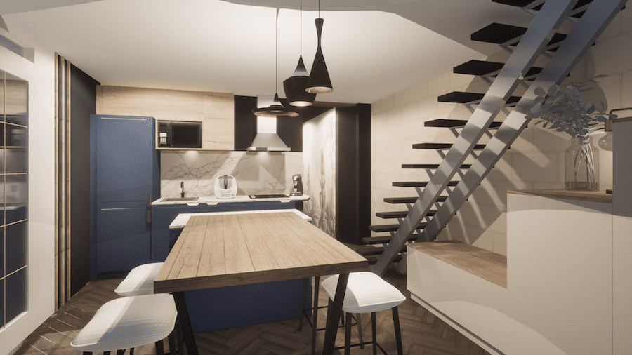 Projet 3D d'une cuisine entièrement ouverte avec un espace pour manger à 4. Les couleurs utilisées sont le bois clair, le blanc et le bleu foncé pour certains meubles de la cuisine. Un escalier moderne à droite mène vers l'étage.